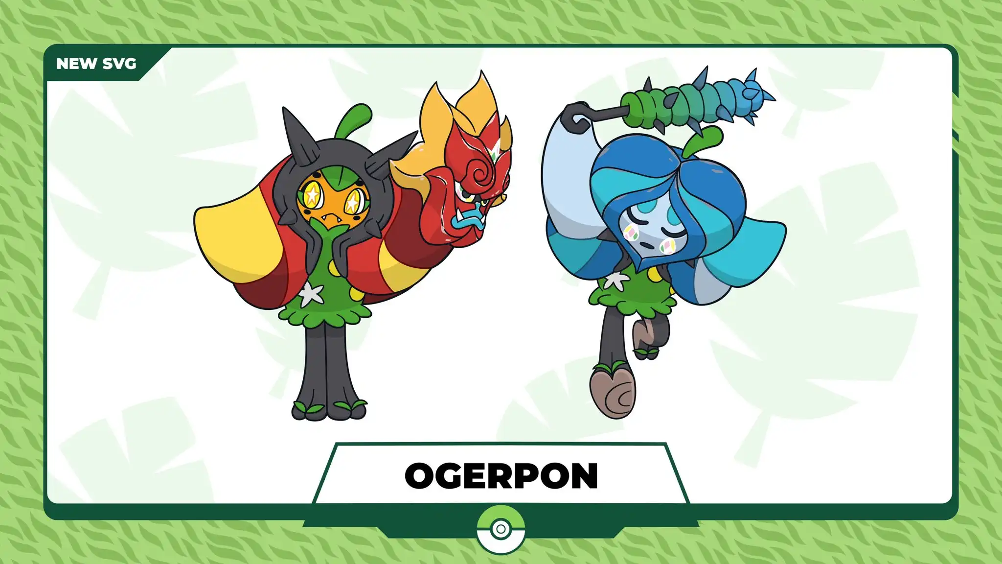 Banner de Ogerpon con dos de sus cuatro máscaras, propiedad de @dreamworldsvg en Twitter/X